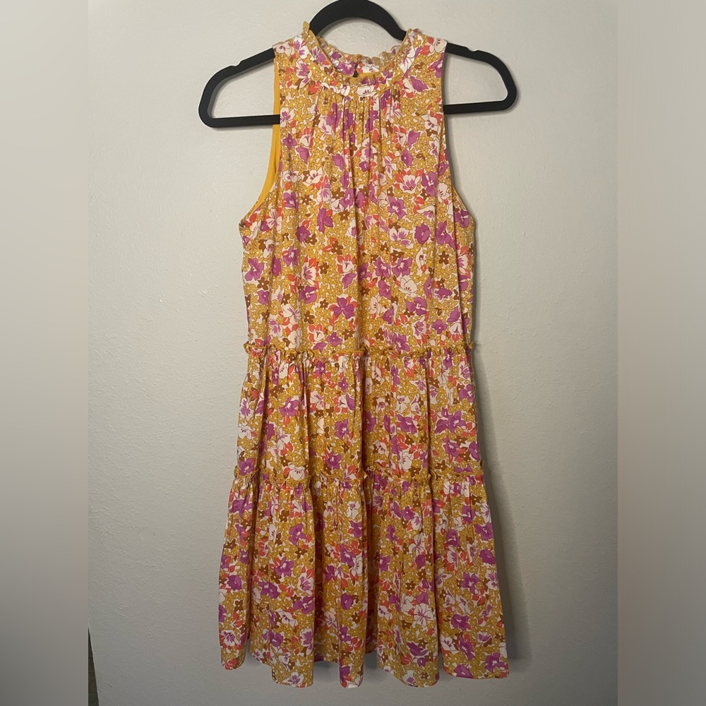 Ann Taylor Yellow Blue Floral Tiered Sleeveless Shift Dress Solarium Sun Size S